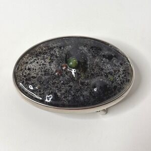 Oval‎ Belt Buckle Resin Black Gray Green Stone Accents Mens Silver Tone Art Boho